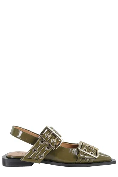 Ganni Pointed Toe Slingback Ballerinas In Green
