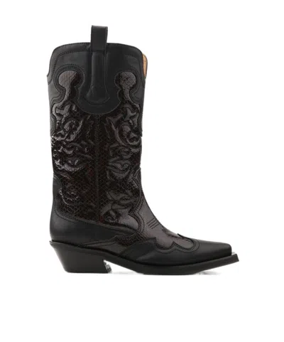 GANNI GANNI MID SHAFT EMBROIDERED WESTERN BOOTS