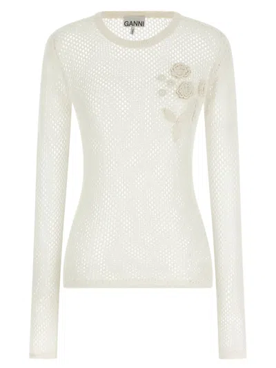 Ganni Pointelle Cotton Sweater Sweaters And Cardigans White