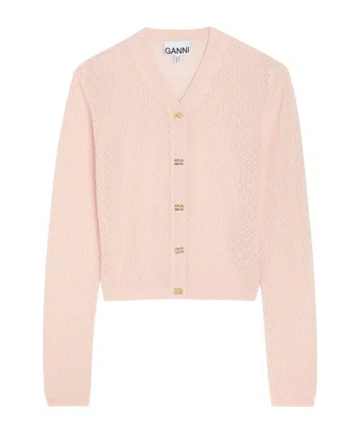 Ganni Pointelle Knit Cardigan In Nude