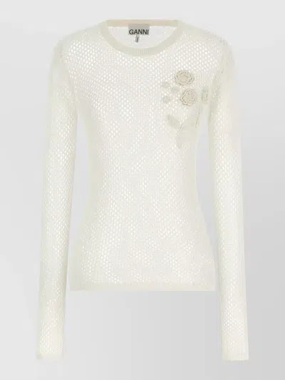 Ganni Pointelle Knit Sweater Floral Embroidery Sheer In Neutral