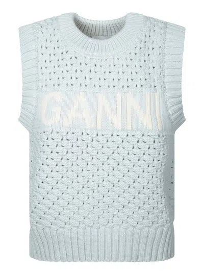 Ganni Textured Knit Vest With Statement Logo And Comfortable Fit In Blue