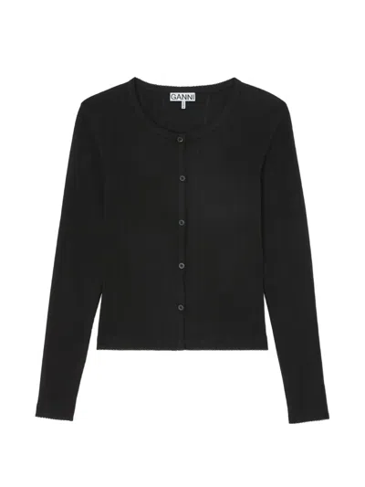 Ganni Pointelle-knit Cardigan In Black