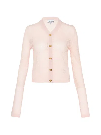 Ganni Pointelle-knit Cardigan In Pink