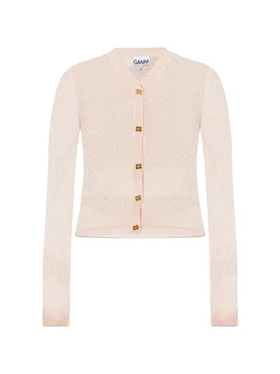 Ganni Pointelle-knit Logo-button Cardigan In Neutral