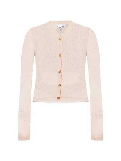 Ganni Pointelle-knit Logo-button Cardigan In Pink
