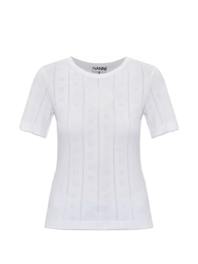 Ganni Pointelle-knit Logo-patch T-shirt In White