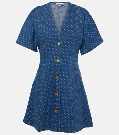 Ganni Dot Jacquard Organic Cotton Minidress In Mid Blue Stone