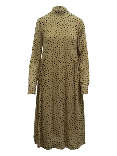 Pre-owned Ganni Polka-dot High-neck Midi Dress In Brown