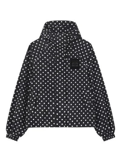 Ganni Polka-dot Hooded Coat In Black