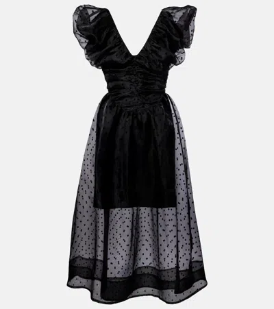 Ganni Ruched Flocked Polka-dot Recycled Organza Midi Dress In Black