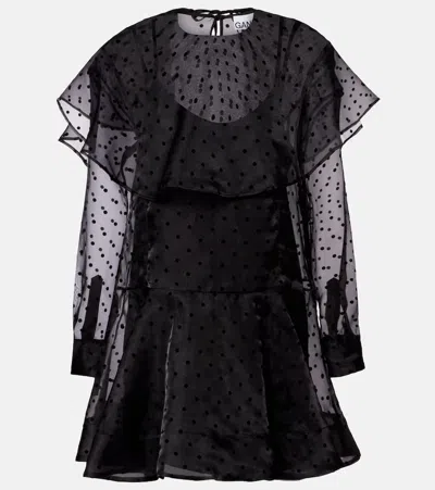 Ganni Black Organza Circle Collar Dresses Black