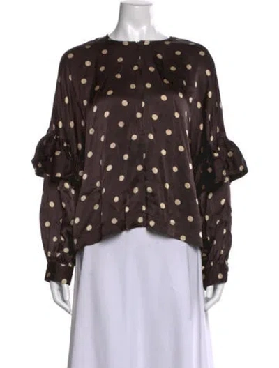 Pre-owned Ganni Polka Dot Print Crew Neck Blouse In Brown