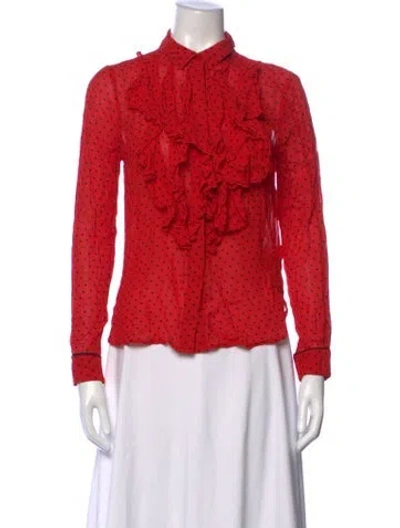 Pre-owned Ganni Polka Dot Print Long Sleeve Blouse In Red