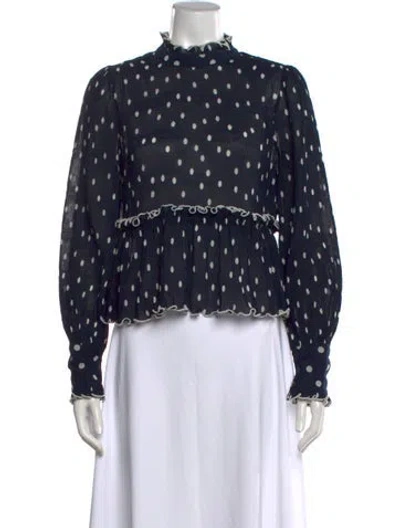 Pre-owned Ganni Polka Dot Print Mock Neck Blouse In Blue