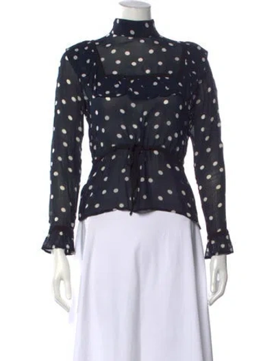 Pre-owned Ganni Polka Dot Print Mock Neck Blouse In Blue