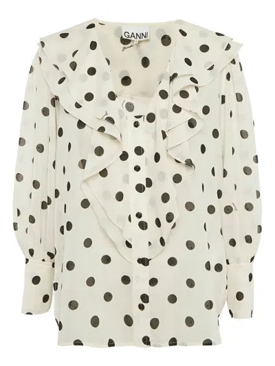 Pre-owned Ganni Polka Dot Ruffled Blouse