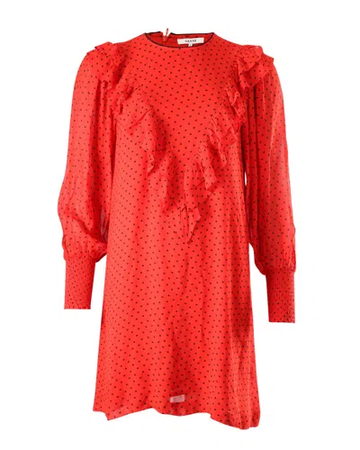 Ganni Polka Dot Ruffled Dress In Red Viscose