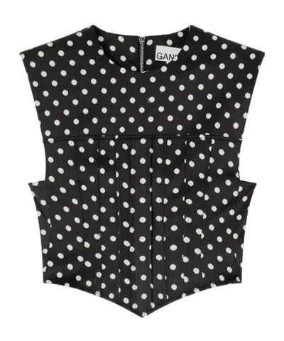 Ganni Womens Black Padded-shoulder Polka-dot Satin Corset Top