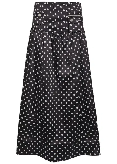 Ganni Gathered Polka-dot Recycled Satin Midi Skirt In Black