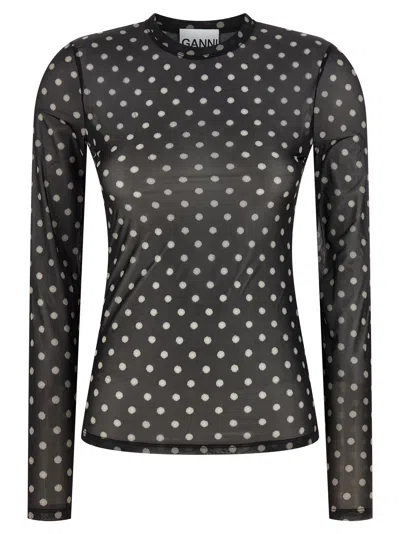 Ganni Polka Dot Sheer Blouse In Black