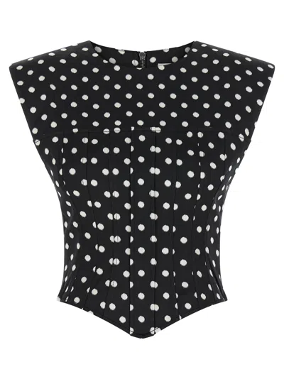 Ganni Womens Black Padded-shoulder Polka-dot Satin Corset Top
