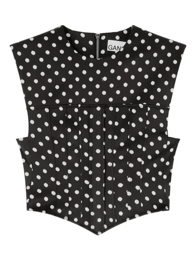 Ganni Polka-dot Satin Corset Top In Black