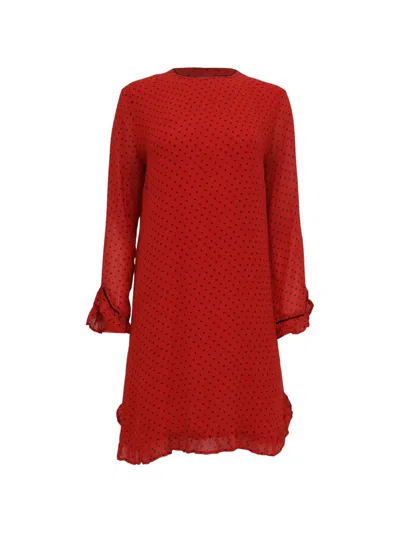 Pre-owned Ganni Polka Dot-print Ruffled Dress In 红色