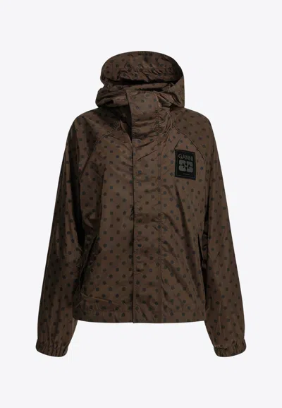 Ganni Polka Dots Hooded Jacket In Brown
