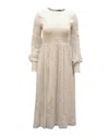 Ganni Polka Dots Smocked Midi Dress In White Viscose In Beige