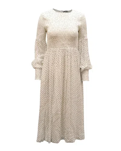 Ganni Polka Dots Smocked Midi Dress In White Viscose In Beige