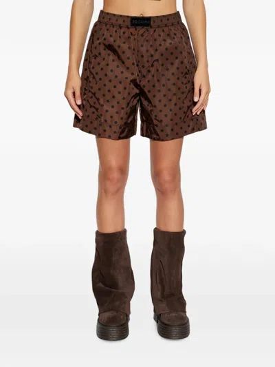 Ganni Polka-dot Logo-patch Shorts In Brown