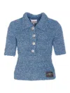 Ganni Hand-knit Denim Polo Top In Blue