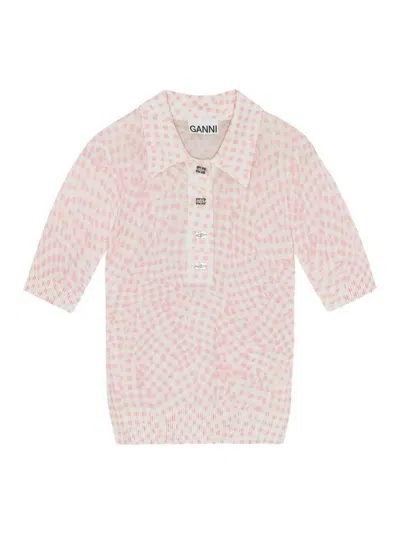 Ganni Sheer Cotton Printed Polo Bleached Mauve In Pink