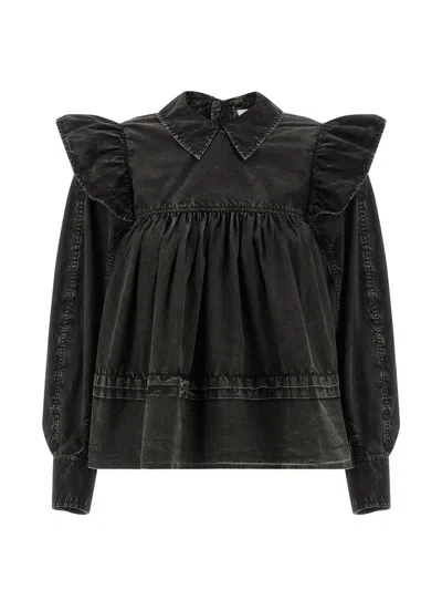 Ganni Washed Blouse Frill Shoulders Pleated Front In Black