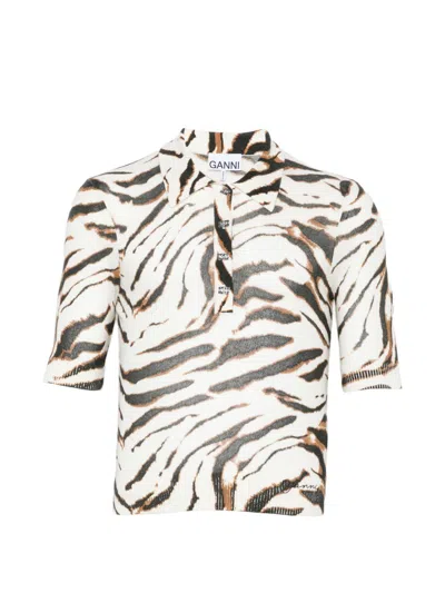 Ganni Polo Con Stampa Zebra E Logo In Cotone Biologico  In Multi