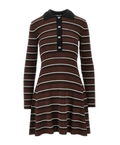 Ganni Polo Dress In Striped Merino In Brown