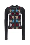 Ganni Long-sleeved Polo Shirt With Argyle Pattern In Gray