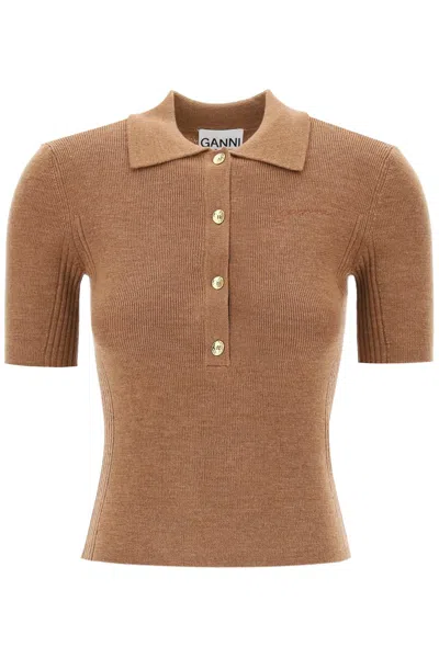 Ganni Merino Wool Polo Shirt In Brown