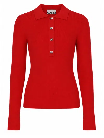 Ganni Merino Wool Polo Sweater Collared Long Sleeves In Red
