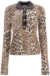Ganni Multicolor Polo Shirt With Jewel Buttons And All-over Leopard Print In Cotton Woman