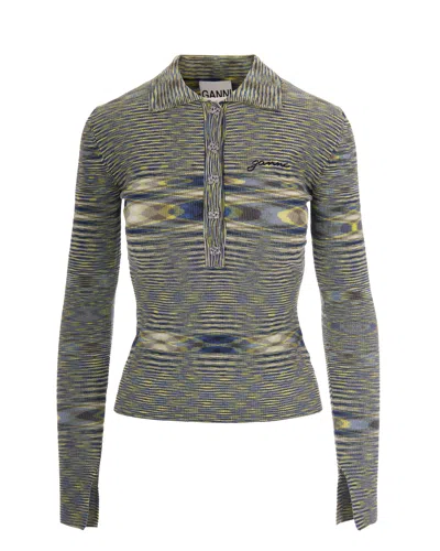 Ganni Polo Jaquard Blazing Yellow In Gray