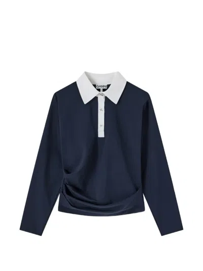 Ganni Polo Shirt In Navy Jersey In Blue