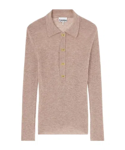 Ganni Polo Shirt In Sheer Wool In Brown