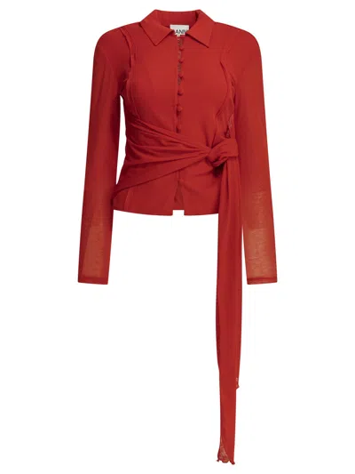 Ganni Polo Shirt With Buttons Polo Shirts Red In Burgundy