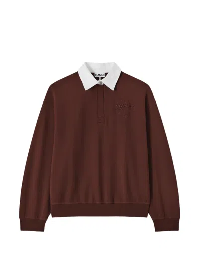 Ganni Polo Shirt With Heart Embroidery In Brown
