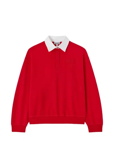 Ganni Polo Shirt With Heart Embroidery In Red