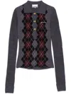 Ganni Grey Sweater With Classic Collar And Check Motif On The Front In Wool Woman