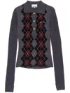 Ganni Grey Sweater With Classic Collar And Check Motif On The Front In Wool Woman