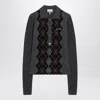 Ganni Grey Sweater With Classic Collar And Check Motif On The Front In Wool Woman In Gray